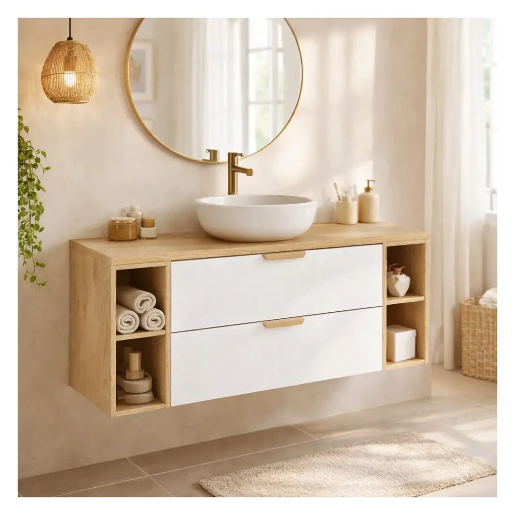 Set da bagno sospeso OSTER 120cm: mobile sottolavabo con cassetti bianchi e nicchie a vista + piano per lavabo