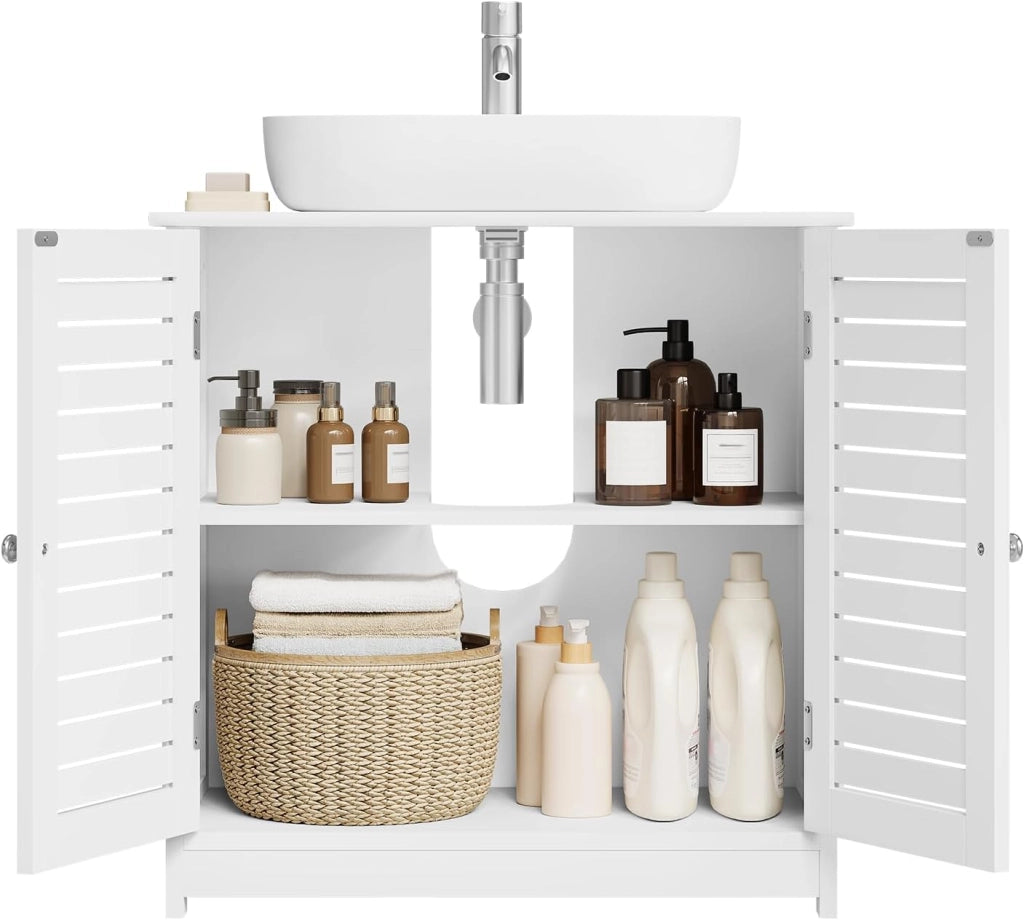 Mobiletto Sottolavabo Sottolavello Bianco Armadietto sotto Lavandino per Bagno con Due Ante in Legno