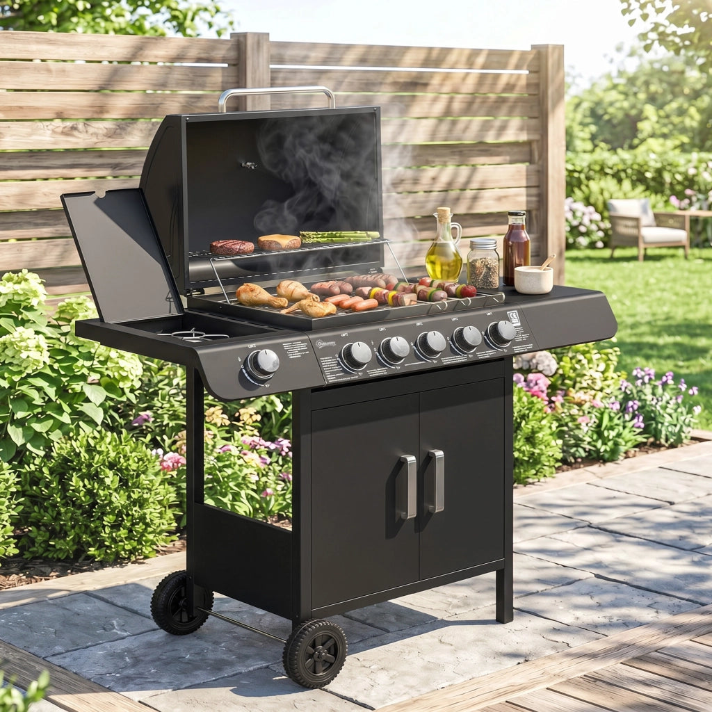 Barbecue a Gas con Coperchio ¨C zephmum ¨C Grigio, Acciaio, 135x50x100cm