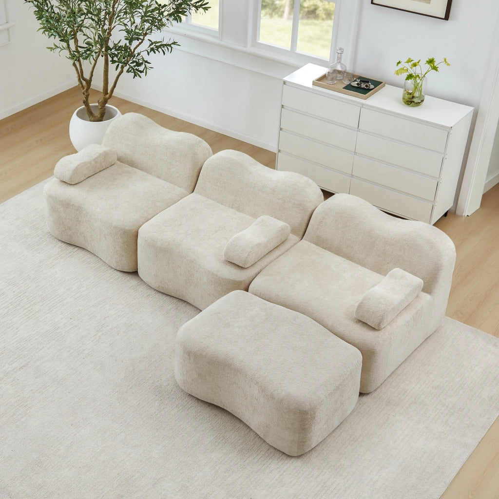 Divano Angolare Modulare 3 Posti con Poggiapiedi ¨C MINIMAL ¨C Beige, Tessuto, Cuscini Braccioli Mobili