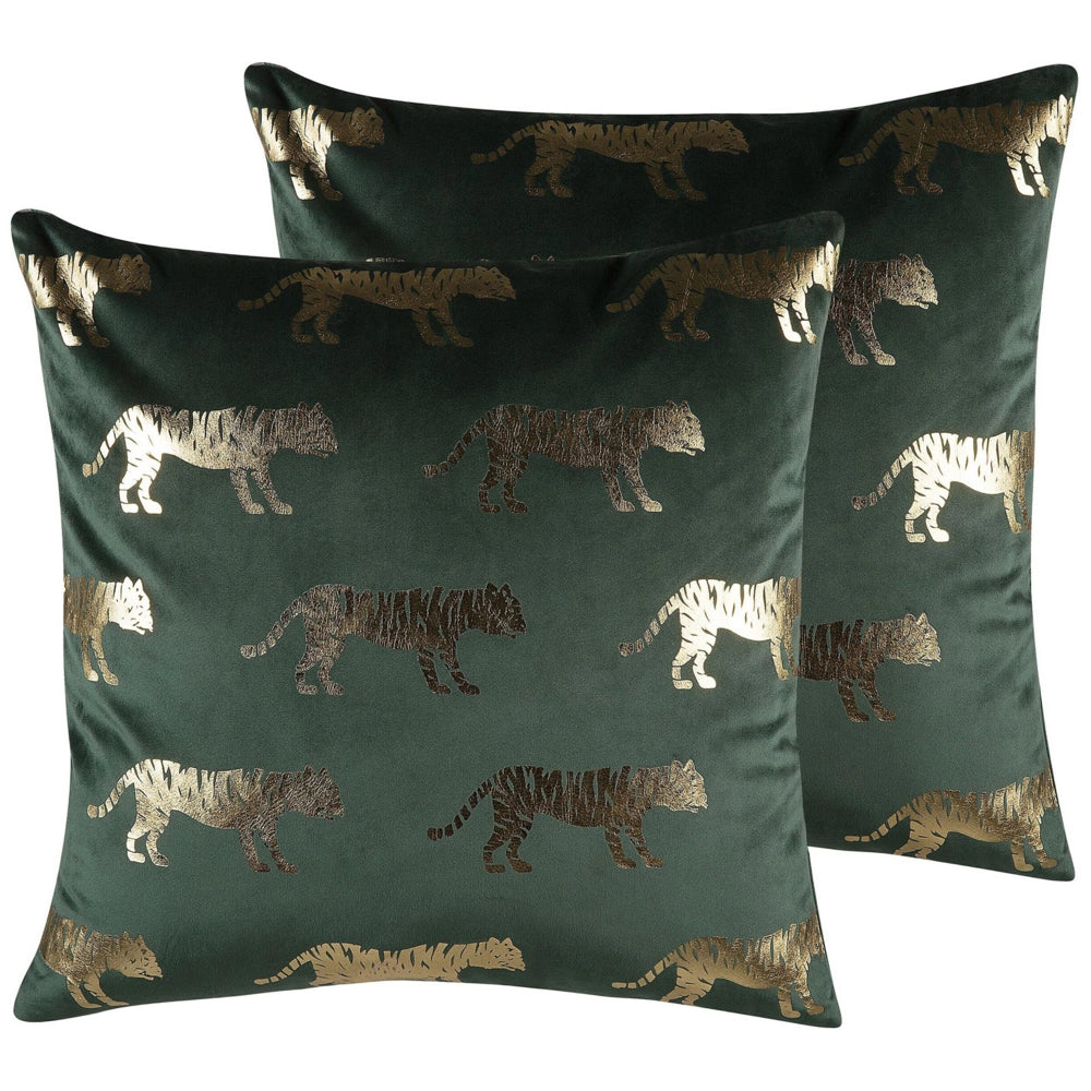 Set di 2 cuscini Decorativi Velluto Verde stampa Animale 45 x 45 cm Motivo Tigre Moderno Glamour Decor Accessori