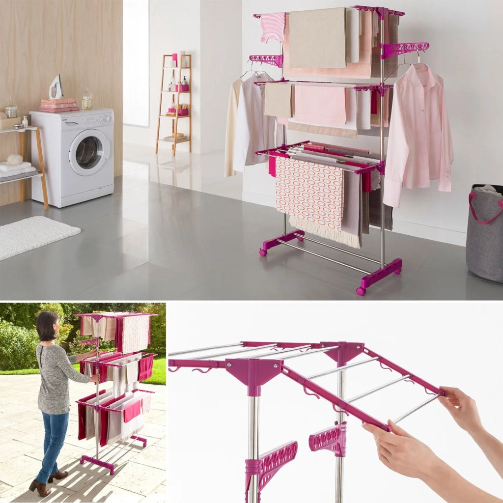 IDMarket - MAXIMA Asciugabiancheria verticale pieghevole a 3 livelli capacità 20M rosa
