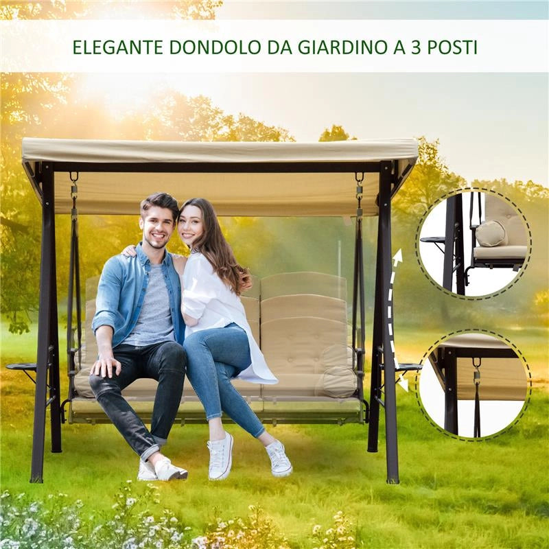 DONDOLO DA GIARDINO 3 POSTI CON TETTO INCLINABILE E CUSCINI IMBOTTITI