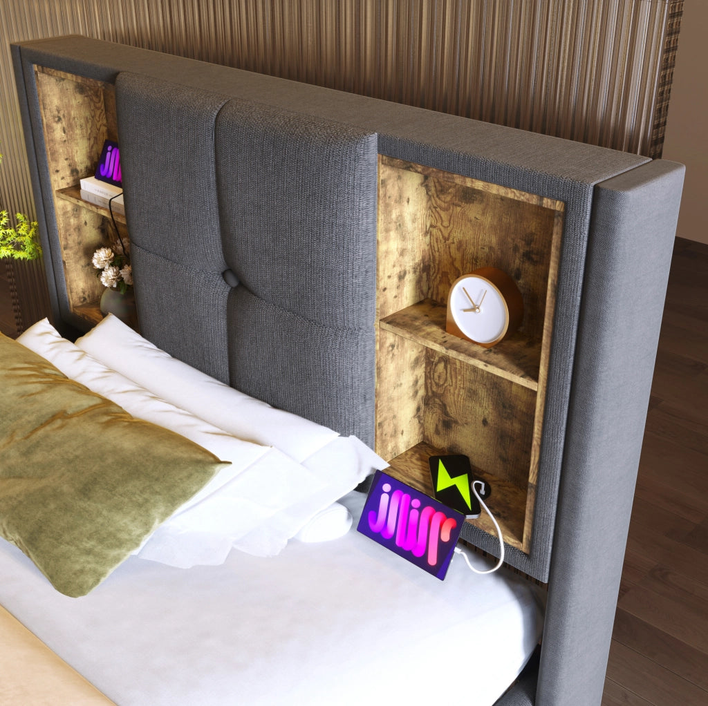 Letto 90x200 cm grigio con contenitore, ricarica wireless e USB, con materasso