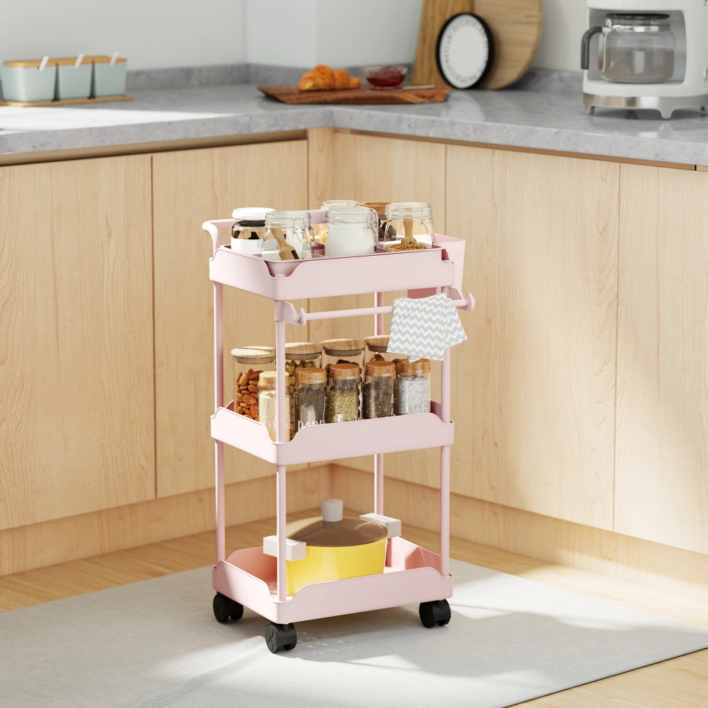 Carrello Portautensili a 3 Livelli con Cestini ¨C Minimal ¨C Rosa 50x50x100 cm