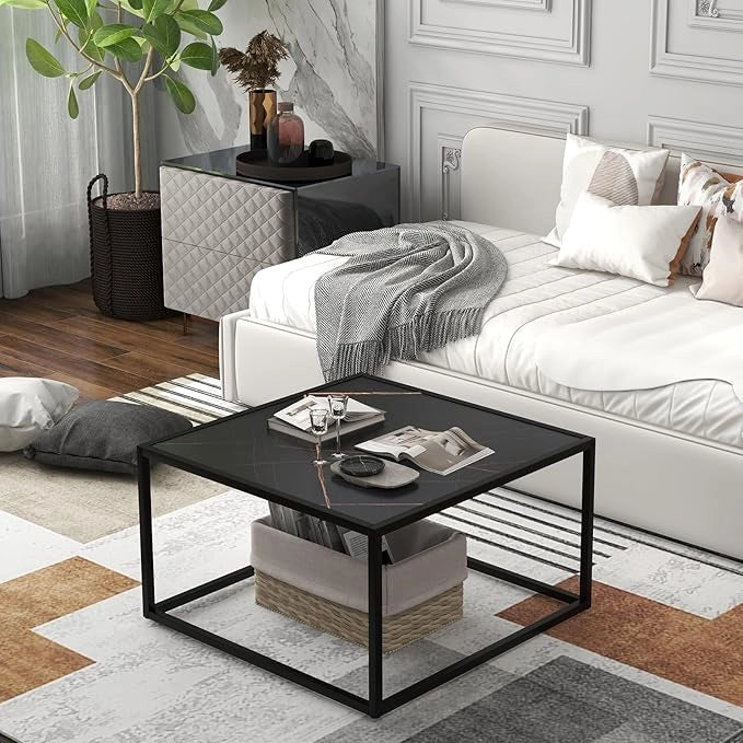 Tavolino da Salotto in Legno, Tavolino Basso con Piano in Finto Marmo e Struttura in Acciaio, Tavolino Basso per Soggiorno e Ufficio, Portata Massima 45 kg, 70 x 70 x 40 cm (Nero)