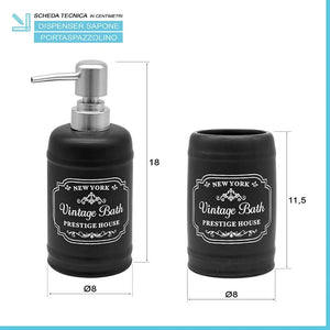 Set bagno completo con 4 pezzi in ceramica nera con stampe bianche vintage