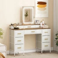 Toeletta con specchio e luci LED a 3 colori, con 10 cassetti in tessuto, 118,5 x 39,5 x 140 cm Legno naturale