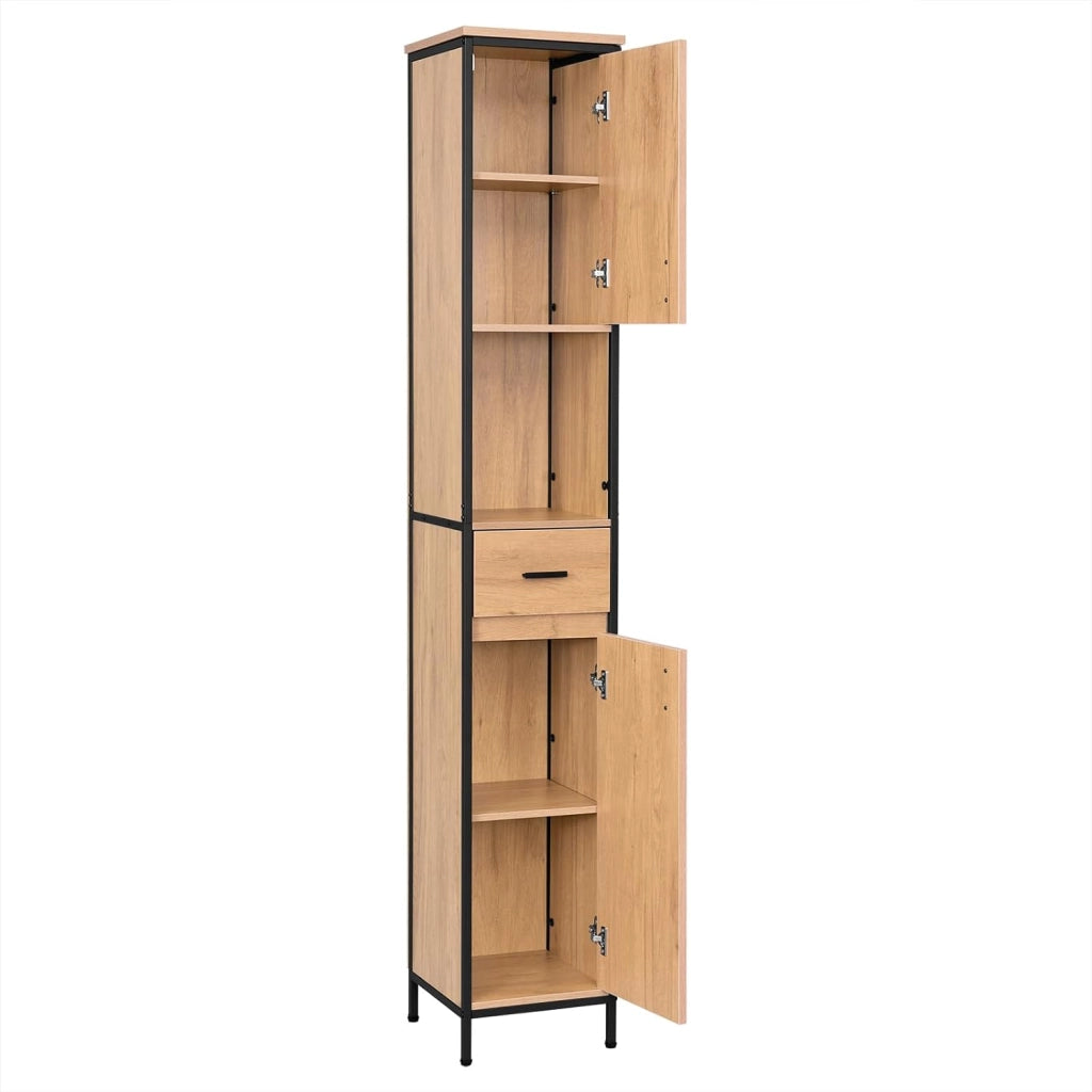 Mobile da Bagno Alto Con 2 Ante e 1 Cassetto, Piedini Regolabili e Ripiani, Per Bagno o Cucina, Stretto 30x30x180 cm, Rovere Chiaro+Nero