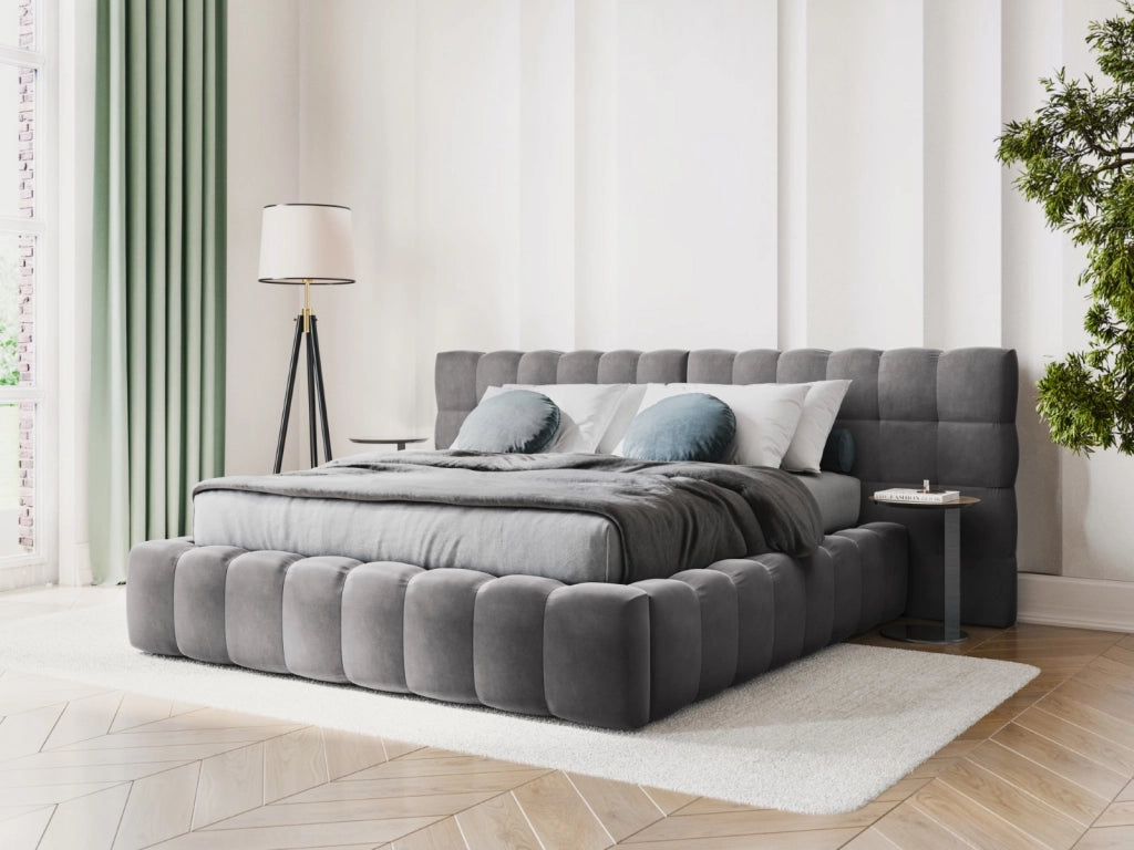Cosmopolitan Design - Letto a cassettone con testiera doppia "Bali" 180x200cm in velluto grigio 