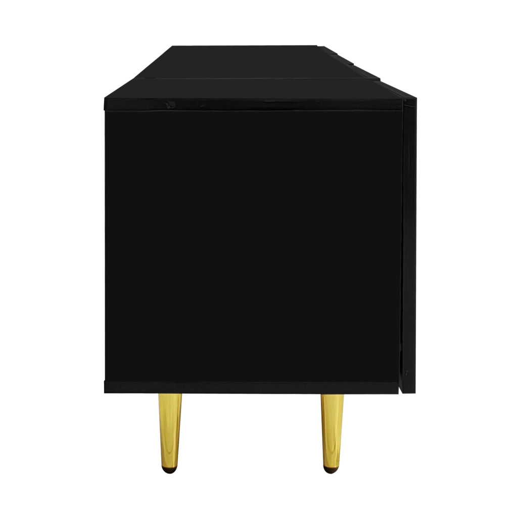Mobile TV moderno in MDF nero lucido con 4 ante e dettagli oro; 170x35x46 cm