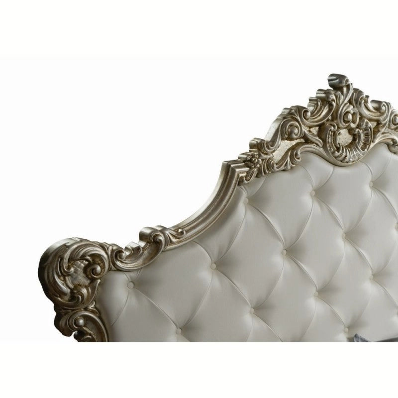 (6c) Letto barocco matrimoniale con contenitore in ecopelle SAVOIA Bianco Argento 194x209x h 140 cm