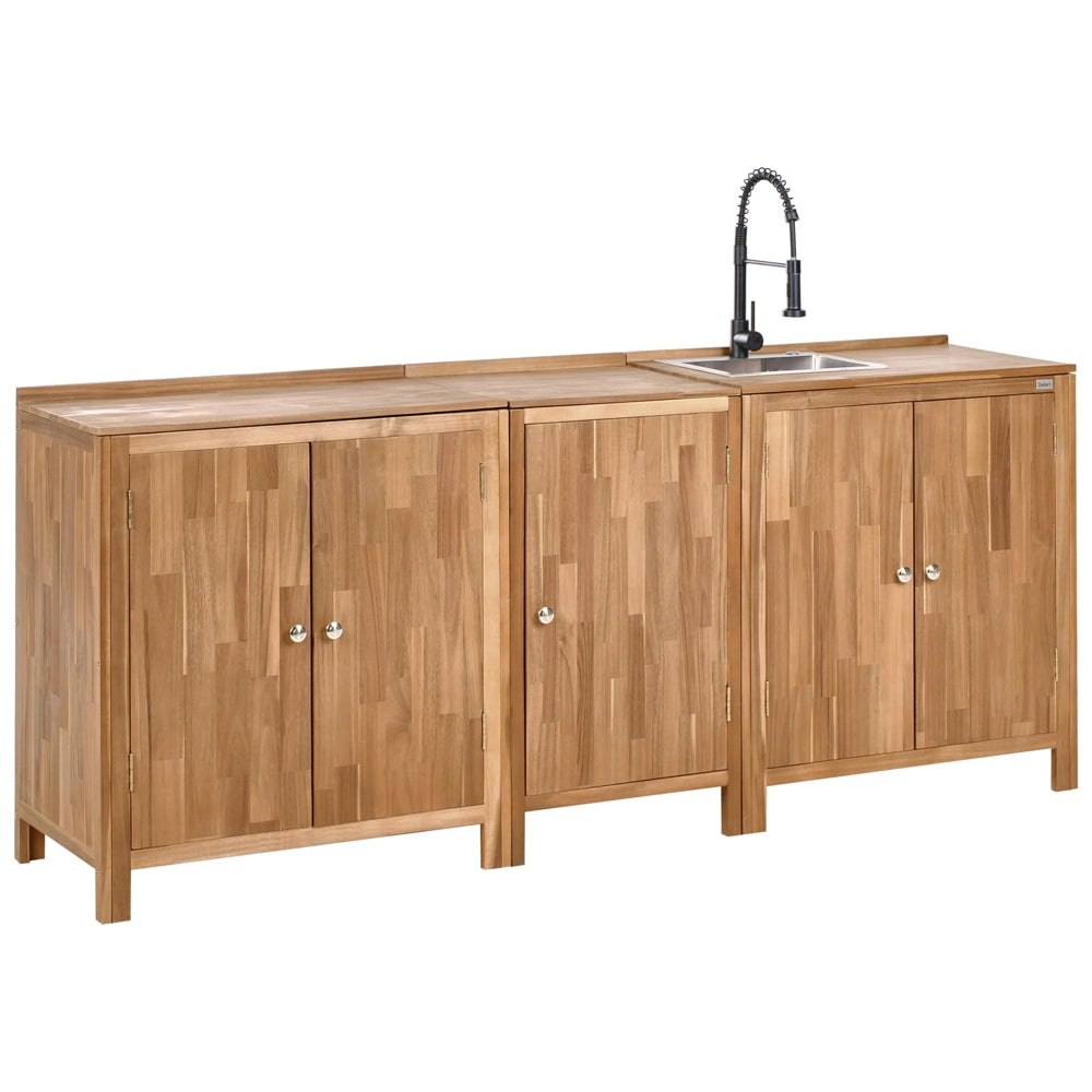 Set di armadietti da cucina per esterni con lavello e rubinetto in legno di acacia marrone e nero Unità di scaffali in acciaio inox