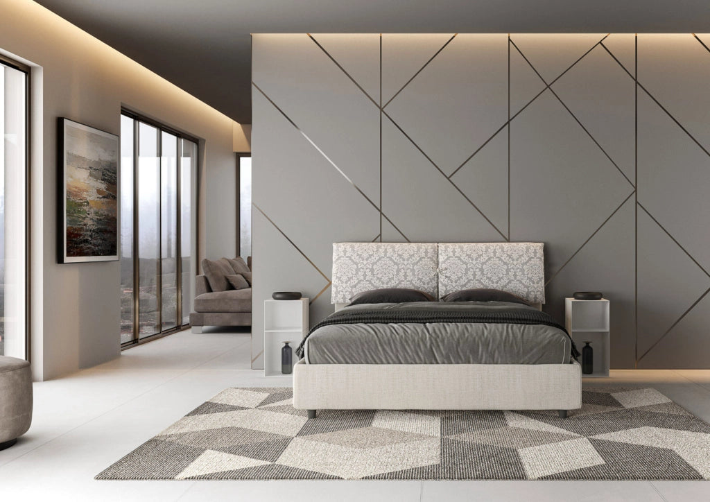 Letto Matrimoniale 160x210 cm con Rete e Contenitore con Testata e Alzata Comoda Imbottito in Tessuto Agata Mados Bianco