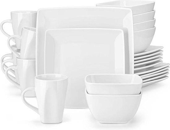 Set di piatti e bicchieri quadrati per 6 persone - 24 pezzi di servizio da tavola in ceramica - Piatti da pranzo 25 cm - Piatti da dessert 20 cm - Ciotole da colazione 810 ml - Tazze 340 ml - Bianco