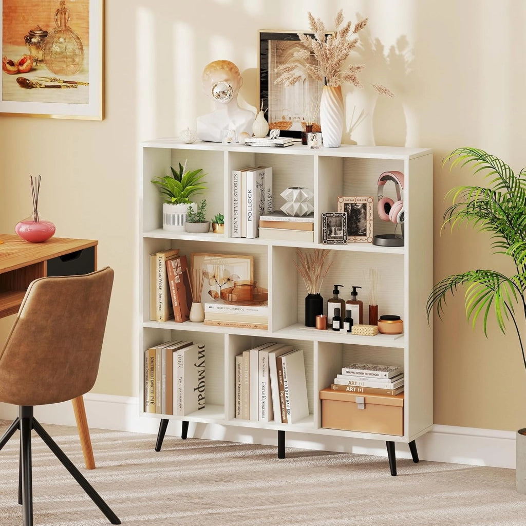 Libreria a 8 Cubi, Organizzatore di Stoccaggio Moderno con 5 Gambe di Metallo, Scaffale per Esposizione con 2 Kit Anti-Ribaltamento per Soggiorno Studio Camera da Letto, Bianco (100x24x107cm)