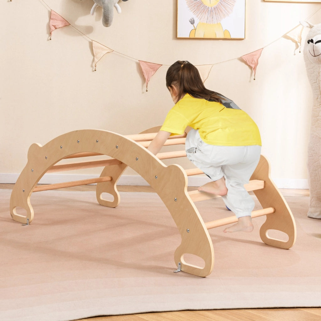 Arco cavallo a dondolo multifunzionale, Giocattoli di arrampicata in legno 4-in-1 per bambini dai 1-5 anni Naturale