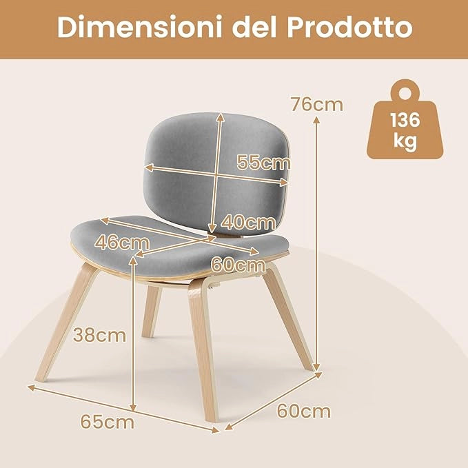 Sedia Relax con Schienale Curvo e Sedile Imbottito, Sedia Laterale con Struttura in Legno, senza Braccioli, per Sala da Pranzo, Soggiorno, Ufficio, Portata 136 kg (Naturale+Grigio)