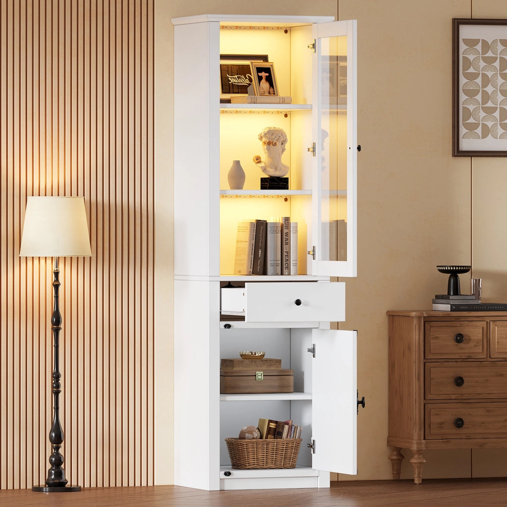 Vetrina alta con LED, 2 ante e 1 cassetto, 5 ripiani e vani contenitore, per soggiorno, in truciolato bianco 55 × 40 × 200 cm