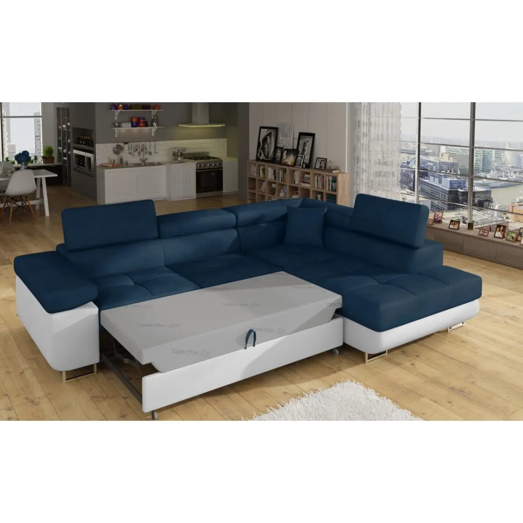 Divano angolare trasformabile MENTON blu scuro e bianco bouclé - Angolo destro con contenitore