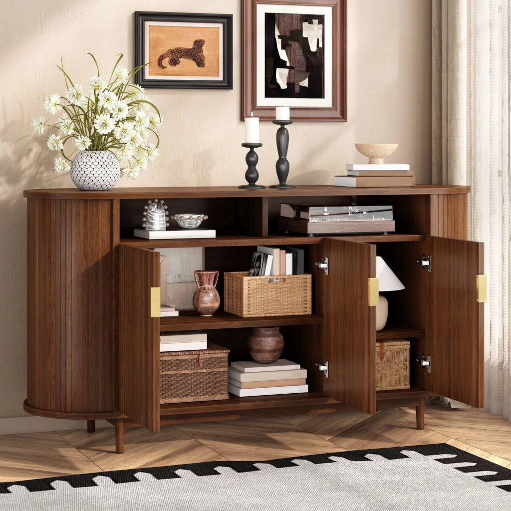 Credenza, mobile da ingresso, armadio a 3 ante, effetto legno, MDF, gambe in legno, colore noce