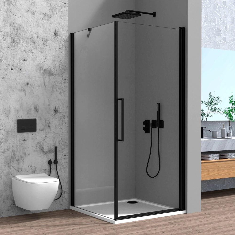 Box doccia angolare 90x80 in vetro temperato trasparente battente con profili nero opaco Neos