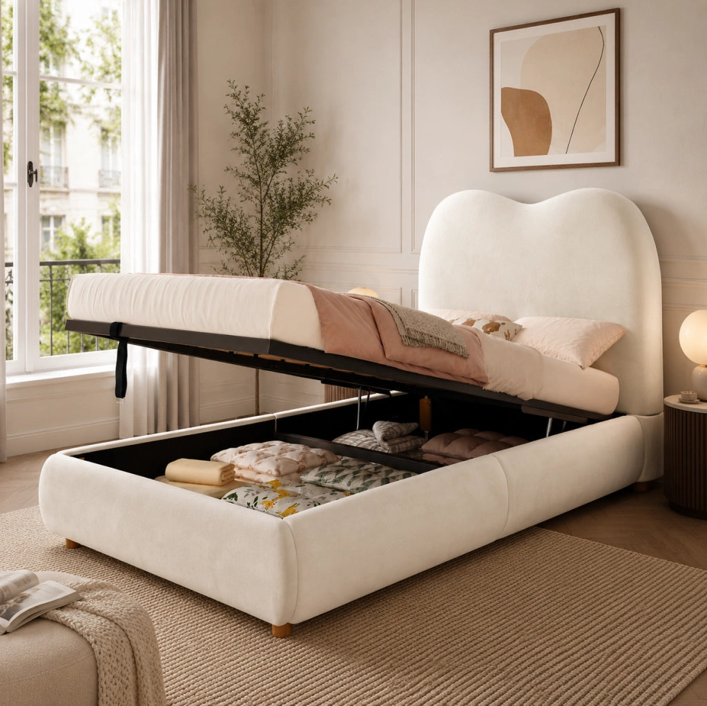 Letto imbottito con contenitore in velluto beige
