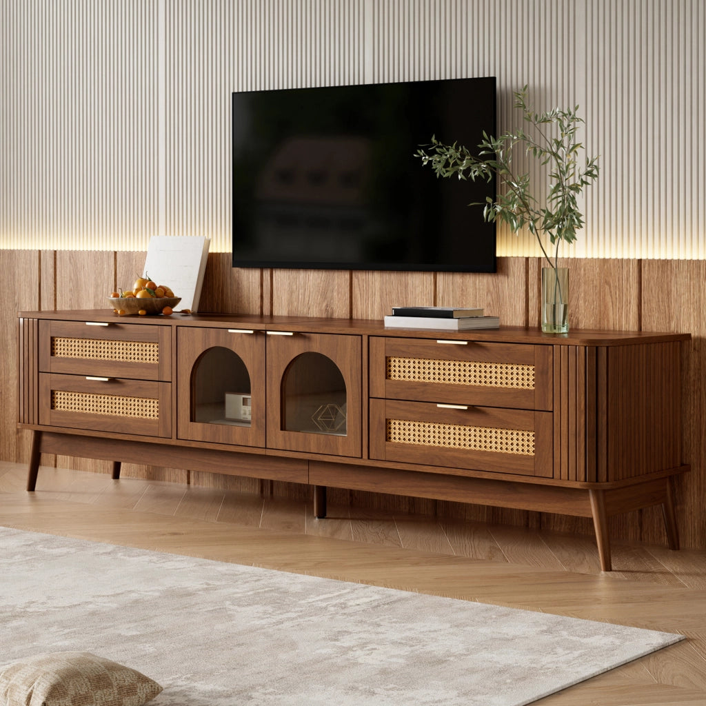 Mobile porta TV con 4 cassetti, 2 ante in vetro curvo, LED con app, per soggiorno, noce, 180 × 40 × 50 cm