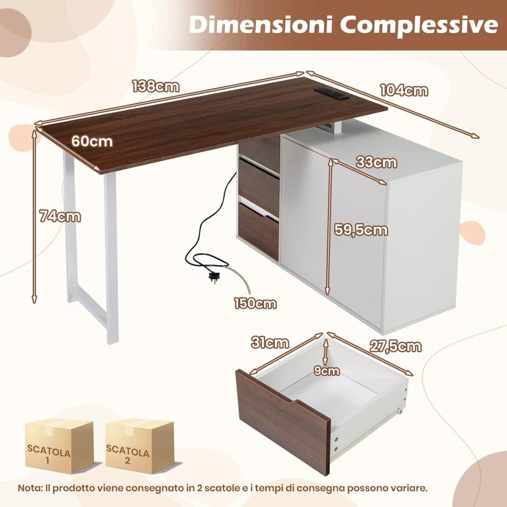 Scrivania Angolare a Forma di L con Presa di Corrente, Scrivania ad Angolo Salvaspazio e Reversibile con 3 Cassetti, Stazione da Lavoro per Ufficio a Casa (Marrone e Bianco)