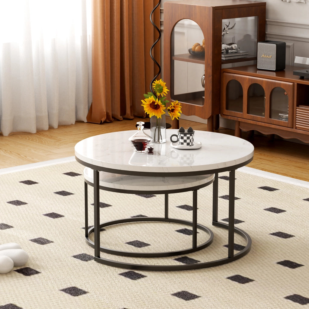 Set di 2 tavolini da salotto impilabili; MDF e metallo; nero