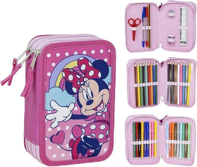 Astuccio scuola per bambini di Minnie Mouse - Colore rosa - Chiusura a cerniera - 12,5 x 6,5 x 19,5 cm - Triplo scompart