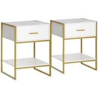 Set 2 Comodini Moderni con Cassetto e Ripiano Aperto in MDF e Acciaio, 45x40x60cm, Bianco e Oro