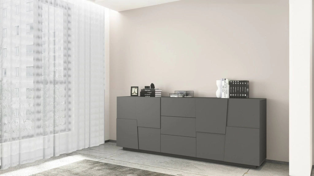 Credenza Astel, Buffet da soggiorno, Madia da salotto con 4 ante e 3 cassetti, 220x44h86 cm, Antracite