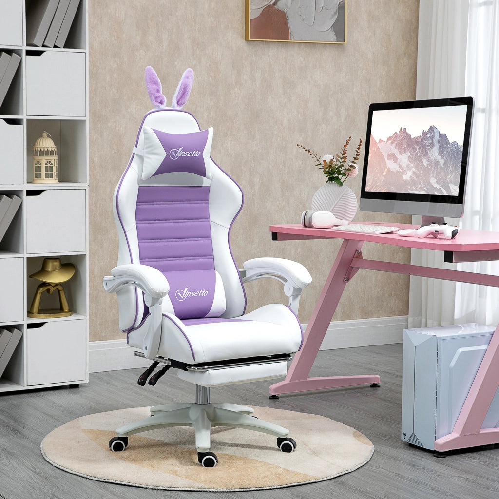Sedia Gaming con Orecchie da Coniglio, Poggiapiedi, Cuscini, Reclinabile e Altezza Regolabile, Viola