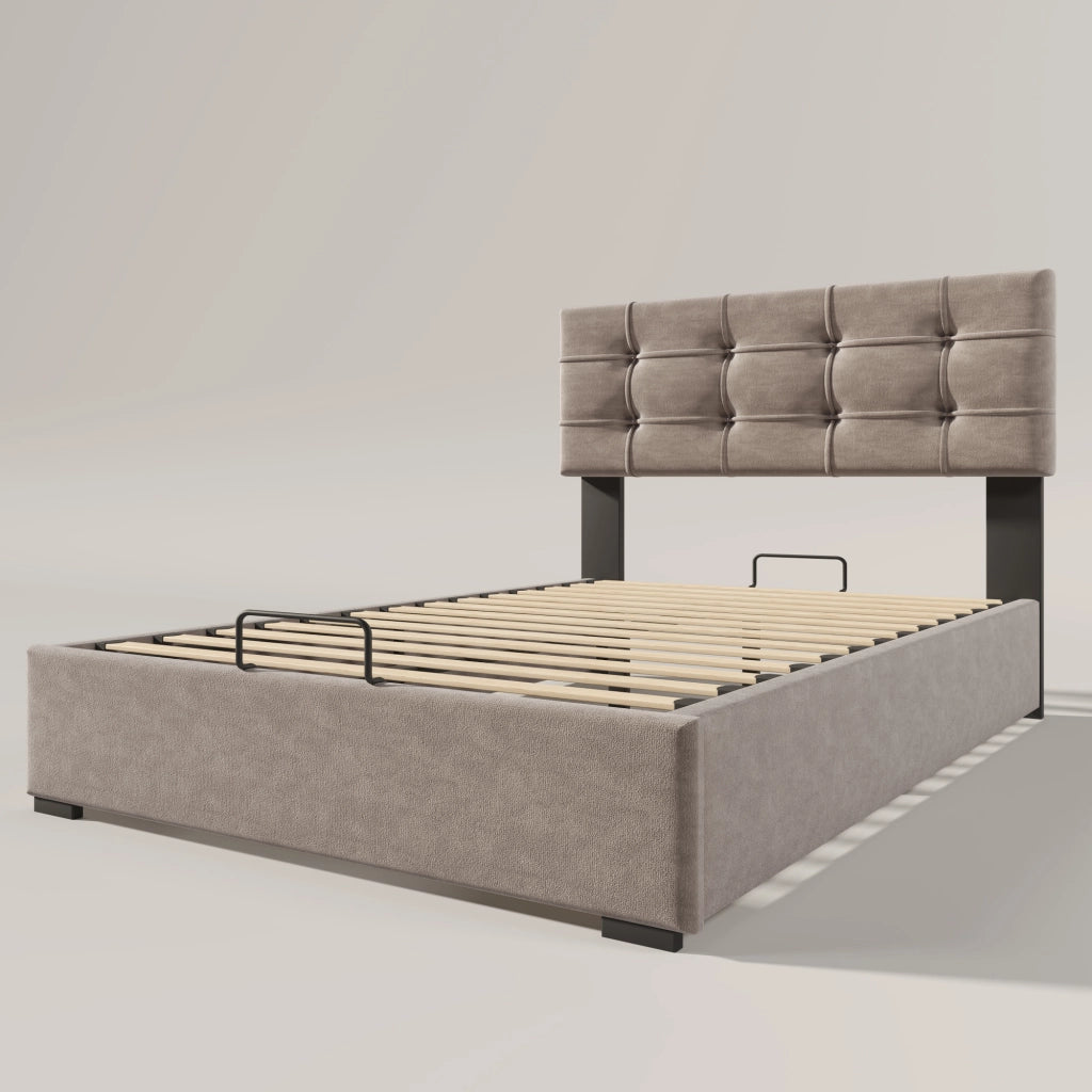 Letti contenitori 90x200 cm; testiera regolabile e contenitore; velluto; grigio chiaro (Senza materasso)