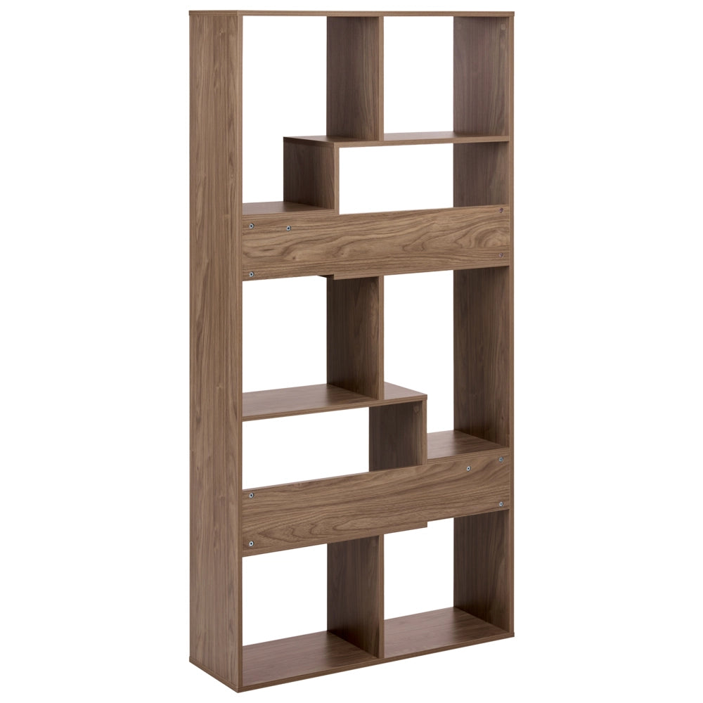 Libreria a 6 ripiani con ripiani marroni, struttura in truciolato, retro aperto, design irregolare, stile minimalista