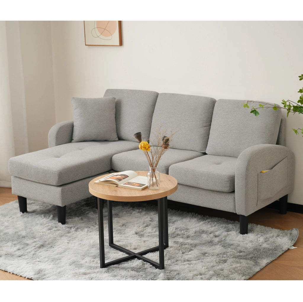 Divano angolare modulare a 3 posti grigio con modulo allungato, compatto e confortevole
