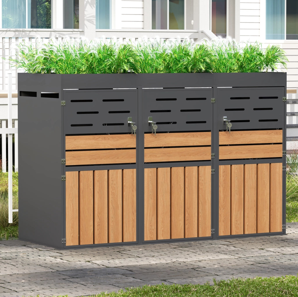Armadio da esterno 2 in 1 con fioriera integrata; 4 vani separati; 264x80x128 cm; grigio in lamiera d'acciaio