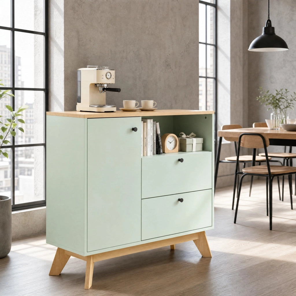 Credenza verde chiaro e rovere con 2 cassetti