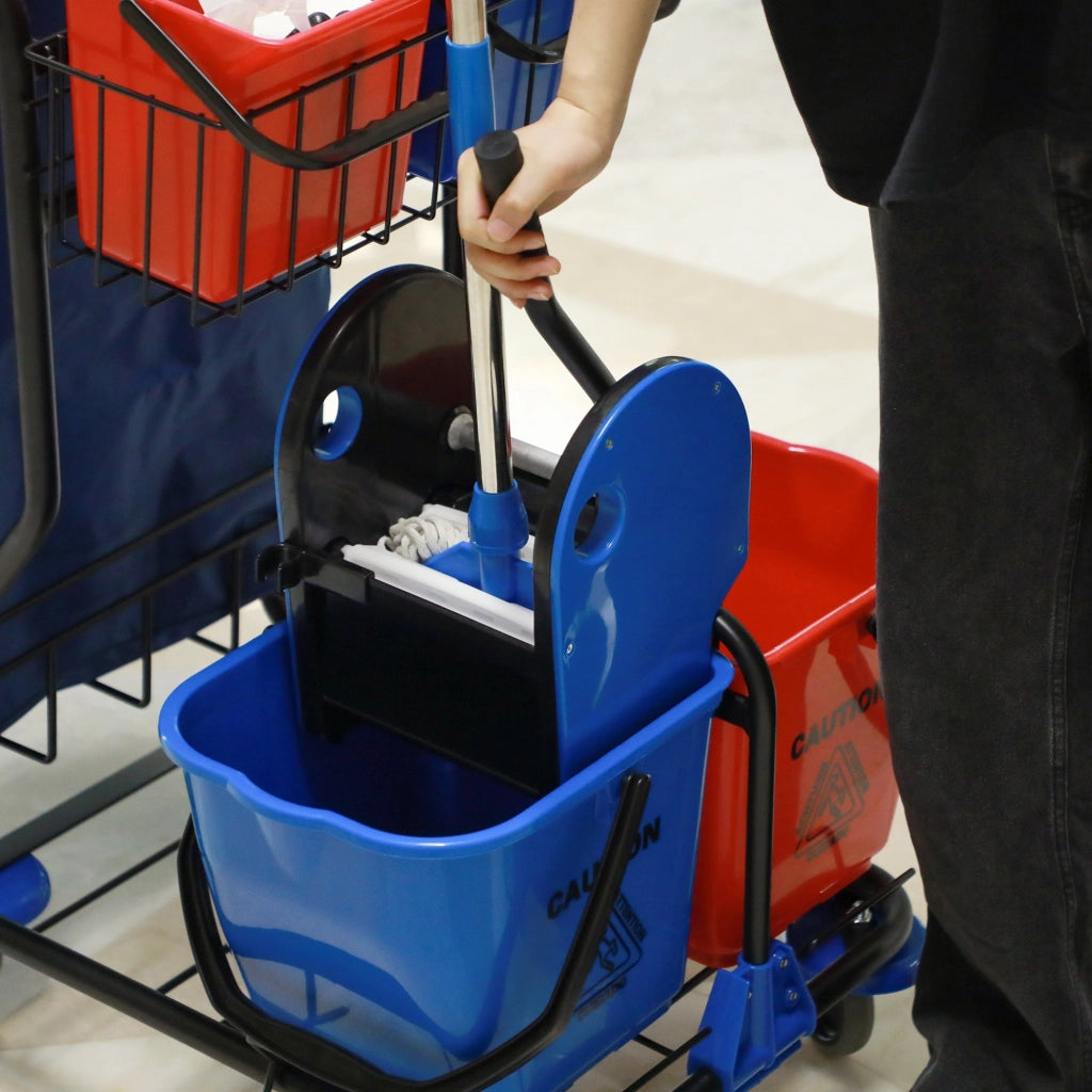 Carrello Pulizie Professionale 4 Secchi Strizzatore e Sacco Rosso Blu e Nero