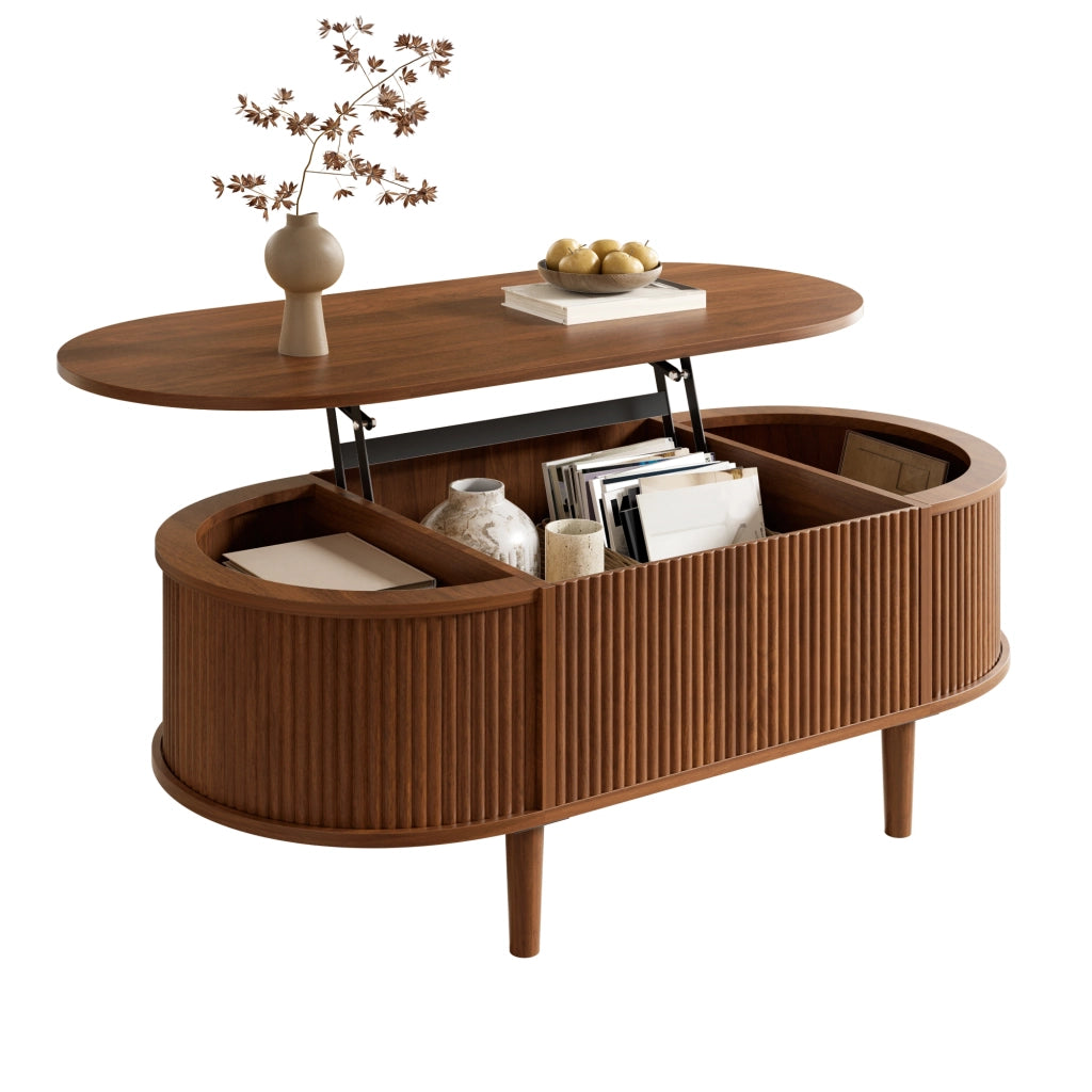 Tavolino da caffè ovale regolabile in altezza 100x48x54;5 cm in MDF; noce