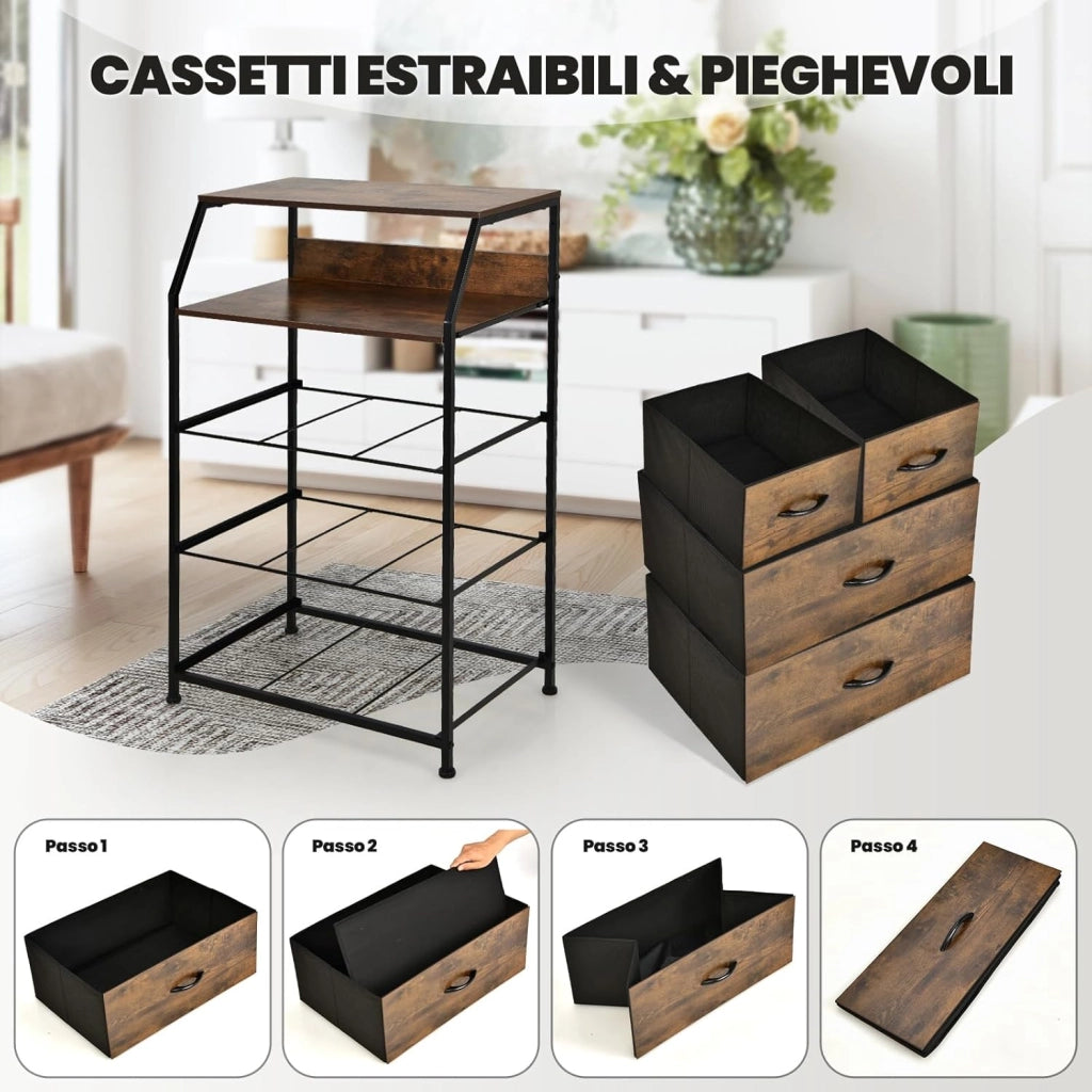Cassettiera a 4 Cassetti con Ripiano, Mobile da Terra con Telaio in Metallo e Cesti in Tessuto, Mobile Stile Industriale per Soggiorno, Ingresso, Camera da Letto, 60 x 39 x 96 cm