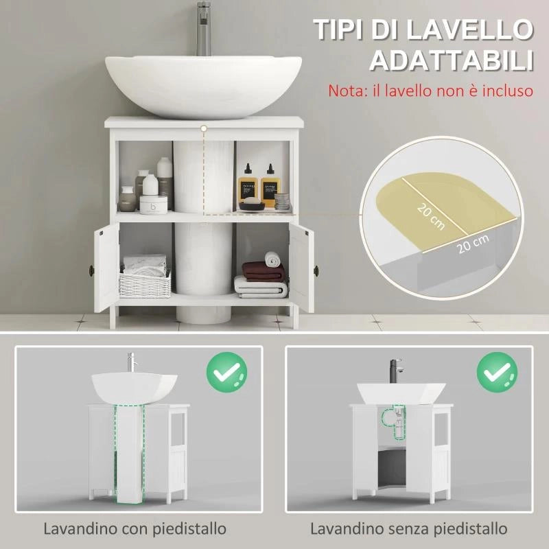 MOBILE SOTTOLAVABO CON RIPIANO E ARMADIETTO, INTAGLIO E U E 2 ANTE, 60X30X60 CM, BIANCO