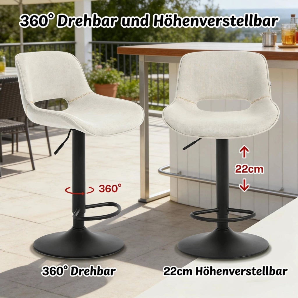 Set di 2 sgabelli da bar beige in lino con schienale girevoli e altezza regolabile 58-80 cm