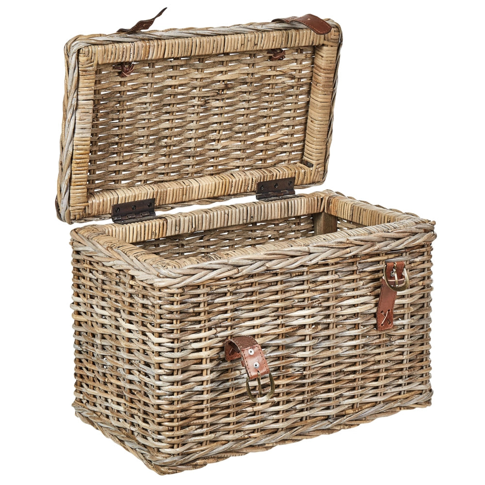 Set di 2 scatole in rattan telaio naturale in mogano con cinghie in pelle coperchi fatti a mano stile boho naturale