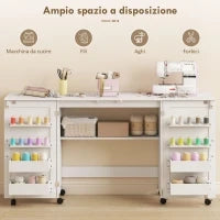 Tavolo da Cucito Pieghevole per Macchina da Cucire con Ripiani, 20 Pioli, Ruote con Blocco, Bianco