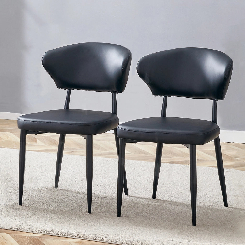 Set di 2 sedie da pranzo moderne nere in PU con gambe in metallo, schienale ergonomico