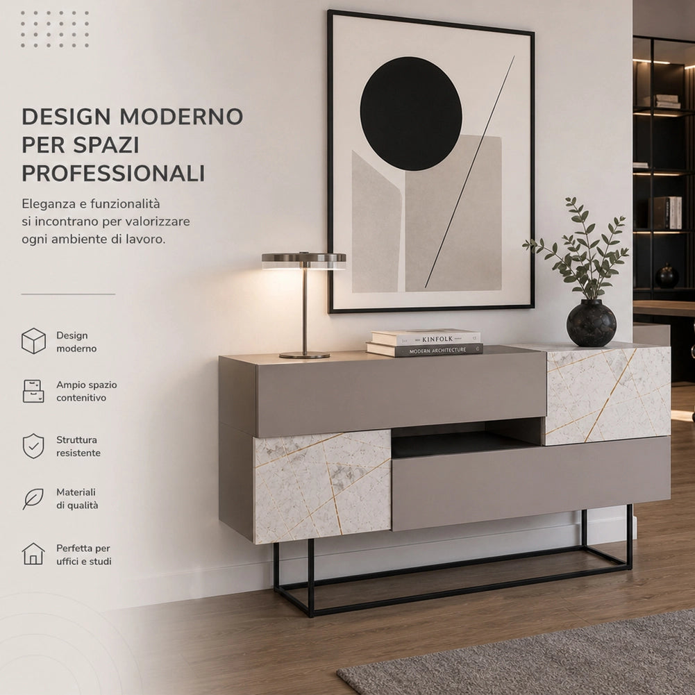 Madia Consolle Moderna 145 cm con 2 Ante 2 Cassetti Tortora e Marmo Bianco