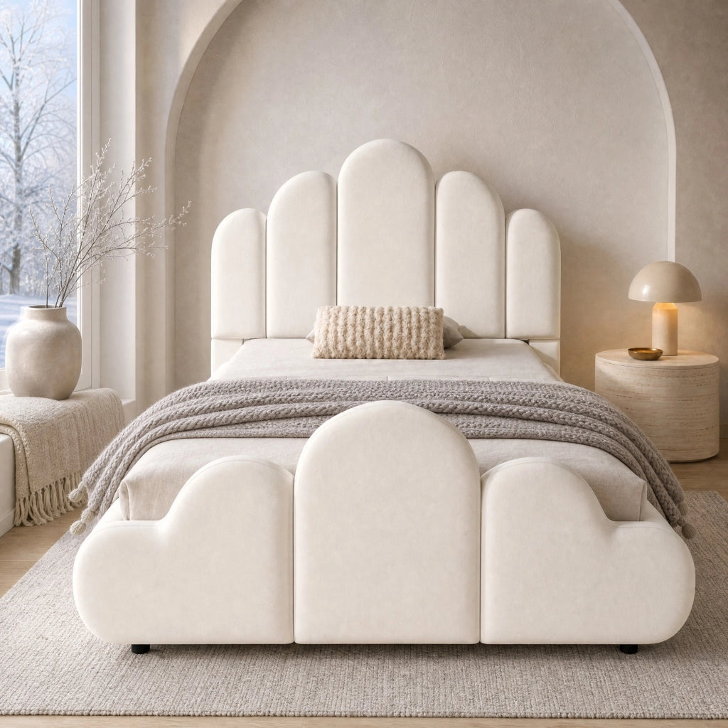 Letto singolo imbottito 90x200 cm in velluto beige con testiera, struttura arrotondata e rete inclusa