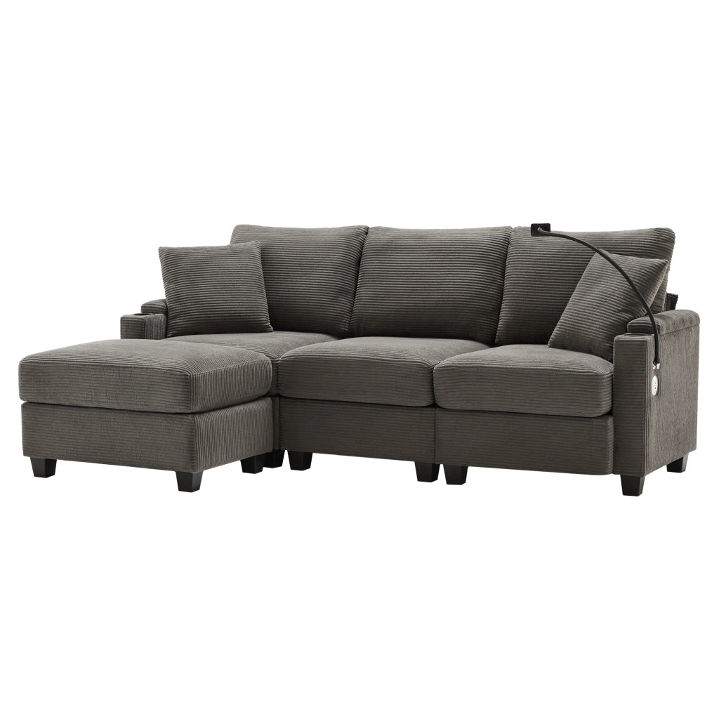 Divano angolare L convertibile 3 posti - Zephmum- Con pouf, porta bevande, USB, braccioli, 2 cuscini - Grigio scuro